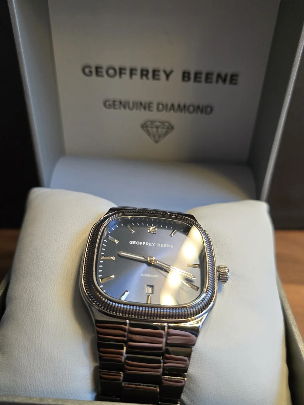 Geoffrey Beene Men's Blue Dial Stainless Steel Diamond Accent Watch- New!